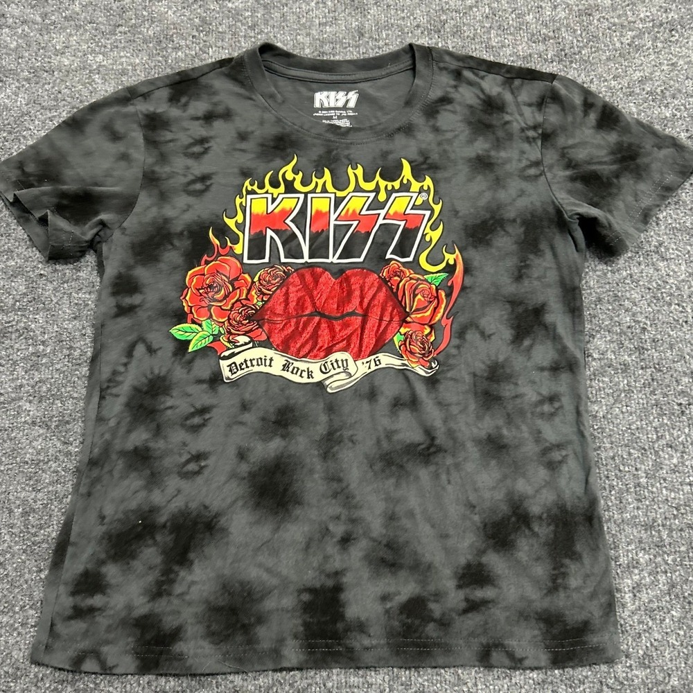 KISS T-Shirt Womens Size M Black Tie Dye Detroit Rock City 76 Graphic Band Tee